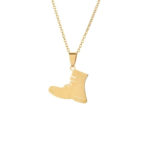 Collier avec pendentif botte en acier inoxydable doré pour homme et femme sur fond blanc