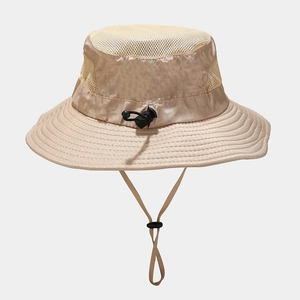 Beige outdoor sun hat with breathable mesh crown and adjustable chin strap for hiking