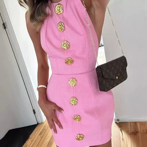 Pink halter dress with golden rose buttons and twill texture fashion streetwear