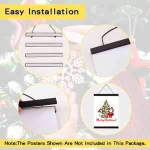 Detail of black magnetic wooden poster hanger showing easy installation and hanging rope