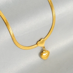 Collier Pendentif Double Cœur Acier Inoxydable Plaqué Or 18K Chaîne Serpent Plate Minimaliste Élégant Pour Femme