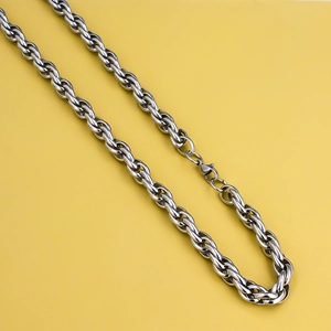 Men's bold silver twisted titanium steel chain necklace with double link weave design