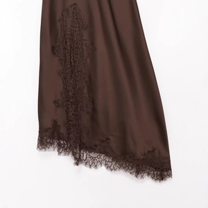Deep brown satin dress featuring delicate eyelash lace trim on the hemline detail