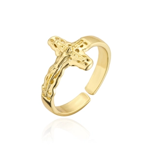Polished 18K gold-plated geometric cross open ring with adjustable minimalist band