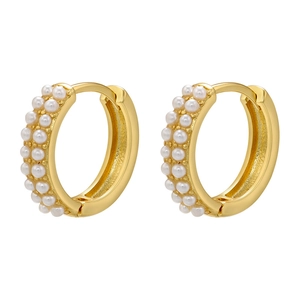Elegant 18k gold plated brass hoop earrings featuring double rows of white mini pearls
