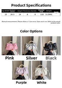 Size chart and dimensions for the pleated cloud bag with pearl handle and PU material