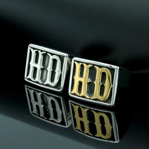 Polished punk style HD letter signet ring for men in silver and gold-tone finish