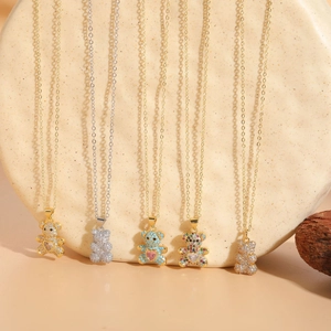 Chic 14K gold plated necklaces featuring colorful zircon bear pendants in five styles