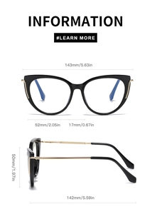 Cat eye glasses frame dimensions with black frame and golden metal temples