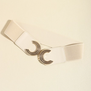 Detailed view of elastic corset belt featuring retro gold spiral double-C metal buckle