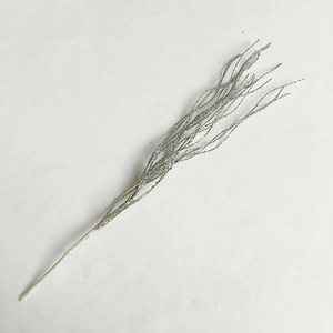 Detail of silver glitter artificial stem with shiny dragon whiskers for Christmas decor