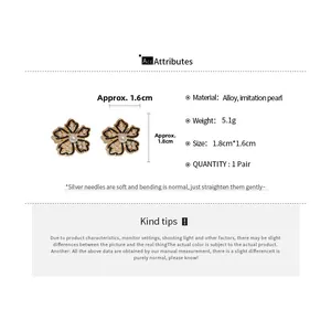 Detail specifications of floral pearl earrings with dimensions and material info