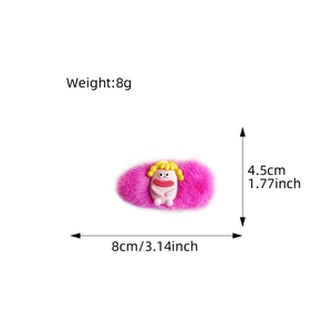 Pink plush cartoon hair clip with big eyes and detailed size measurements on white background