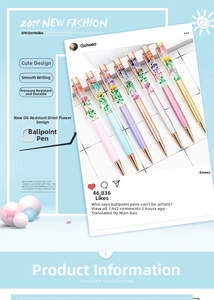 Detail of glitter floating oil ballpoint pens with dried flowers in seven vibrant colors