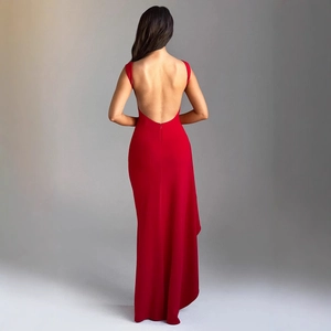 Elegant backless red maxi dress for women with slim fit and high slit for summer style