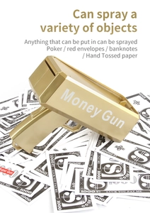 Detailed view of a golden money gun toy with banknotes and English text instructions