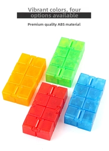 Macro view of four colorful translucent ABS infinity cubes showing 8-part hinge connection