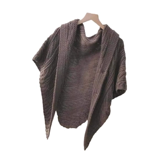 Elegant brown knit shawl poncho with twill pattern and leather buckle for women