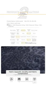 Tableau des tailles et détails du blouson d'hiver léopard en tissu 100% polyester