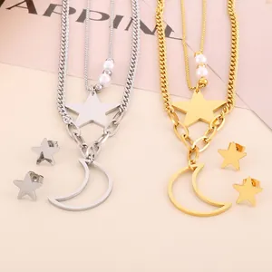 Stainless Steel Jewelry Pentagram Star Moon Pendant Multi Layer Necklace Stud Earrings With Artificial Pearl Women Fashion