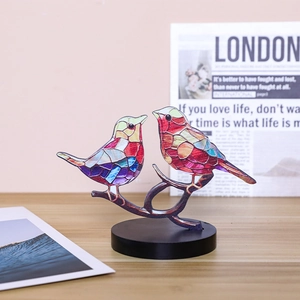 Artistic mosaic double bird figurines on branch with black base for desk decor