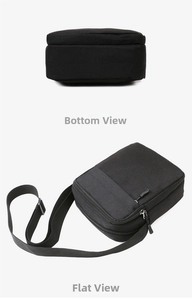 Detailed bottom view and flat lay of black canvas crossbody bag with adjustable straps