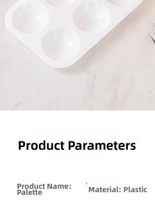 Detailed view of white plastic paint palette with product dimensions and layout
