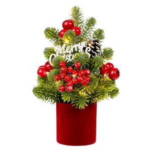 Mini LED Christmas tree with red base, pine cones, berries and Merry Christmas sign