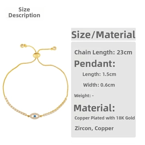 Detail view of Evil Eye bracelet with 18K gold plating, cubic zirconia, and sizing data