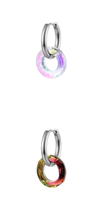 Detail view of round stainless steel earrings with colorful donut-shaped glass pendants
