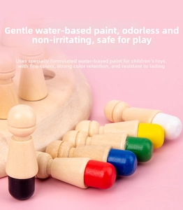 Detail of wooden memory chess pieces with colorful water-based paint and smooth finish