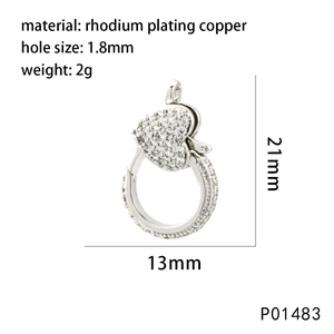 Detailed view of heart-shaped lobster clasp with white cubic zirconia and dimensions