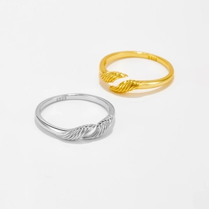 Adjustable S925 sterling silver open rings with feather wing design in gold and silver