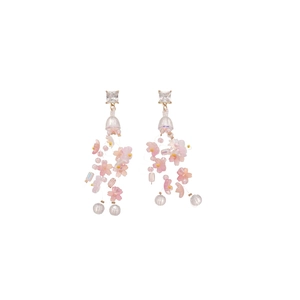 Elegant pink resin flower tassel earrings with clear cubic zirconia studs for women