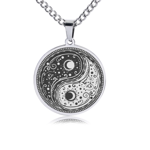 Vintage stainless steel Yin Yang pendant necklace with sun moon pattern and silver chain