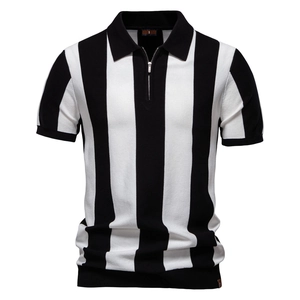 Detail of men's polo shirt with vertical stripes, metal zipper, and knitted texture