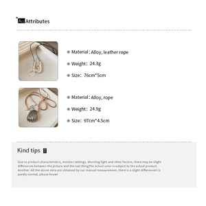 Detailed size chart for silver alloy shell and U-shaped pendant necklaces with leather cord
