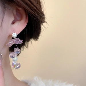 Detail view of purple floral drop earrings with faceted crystal beads and silver needle