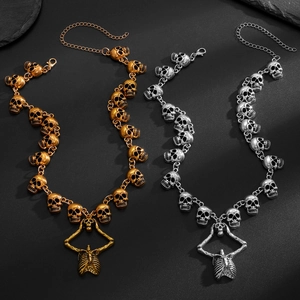 Retro gotische schedel hanger ketting met bot schakelketting in goud en zilver finish