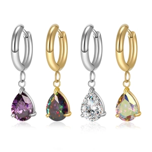 Teardrop Cubic Zirconia Drop Hoop Earrings Stainless Steel Pear Cut Gemstone Minimalist Dainty Jewelry For Women