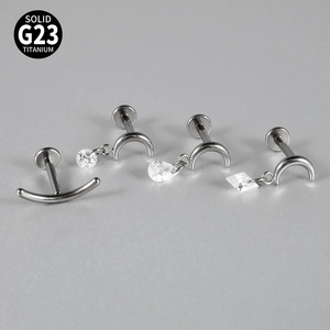 G23 titanium heart moon lip stud with hanging zircon crystals for body piercing