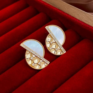 Geometric Semi Circle Stud Earrings Copper Mother Of Artificial Pearl Zircon French Retro Style With Silver Earring Post