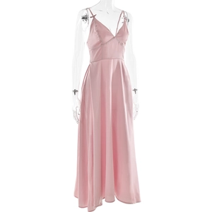 Pink satin maxi dress with V-neckline and slender straps on a studio mannequin