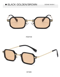 Front- und Seitenansicht der Retro-Sonnenbrille mit schwarz-goldenen Rahmen und Gläsern