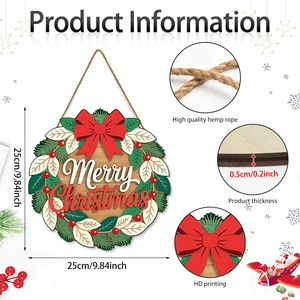 Targa per porta Merry Christmas in legno con fiocco rosso e rami di pino