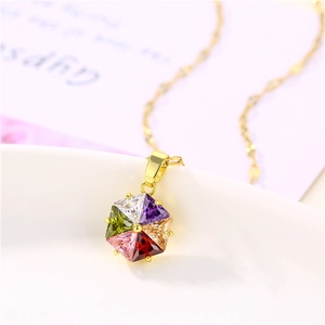 Hexagon Flower Pendant Necklace Multicolored Zircon Inlaid 18K Gold Plated Titanium Steel Lip Chain Jewelry For Women