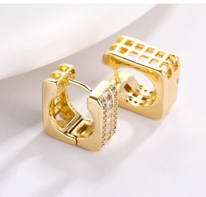 Macro shot of gold square hoop earrings with micro-paved white zircon stones