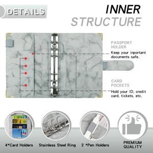A6 marble pattern PU leather binder with stainless steel rings and card slots structure