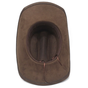 Detailed interior view of a wide-brimmed suede cowboy hat with adjustable sweatband