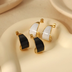 Minimalist C Shaped Stainless Steel Earrings 18K Gold Plated Geometric Enamel Drip Oil Hoop Style Jewelry For Women